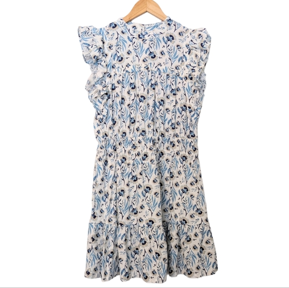 Universal Thread Dresses & Skirts - Universal Thread Linen Cotten High Neck Blue Floral Ruffle Dress Medium